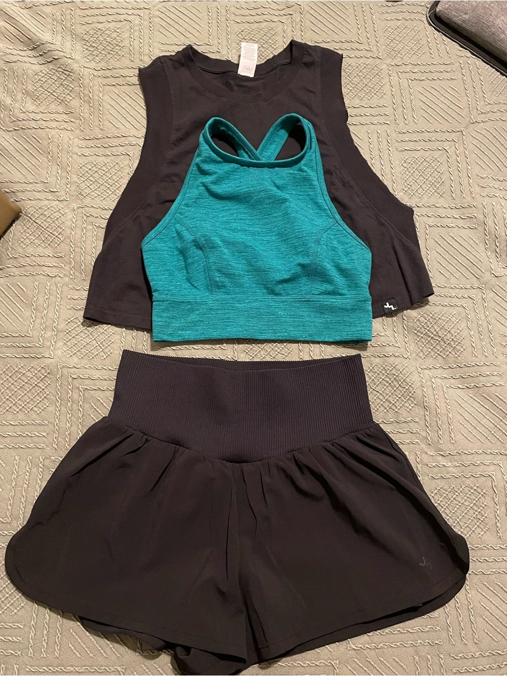 JoyLab Teal Sports Bra with Black Cropped Tank & High-Waist Shorts
